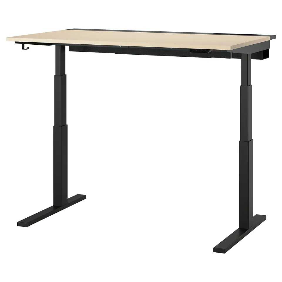 MITTZON sit/stand desk: modern, black and beige, rectangular, adjustable height, ergonomic design.