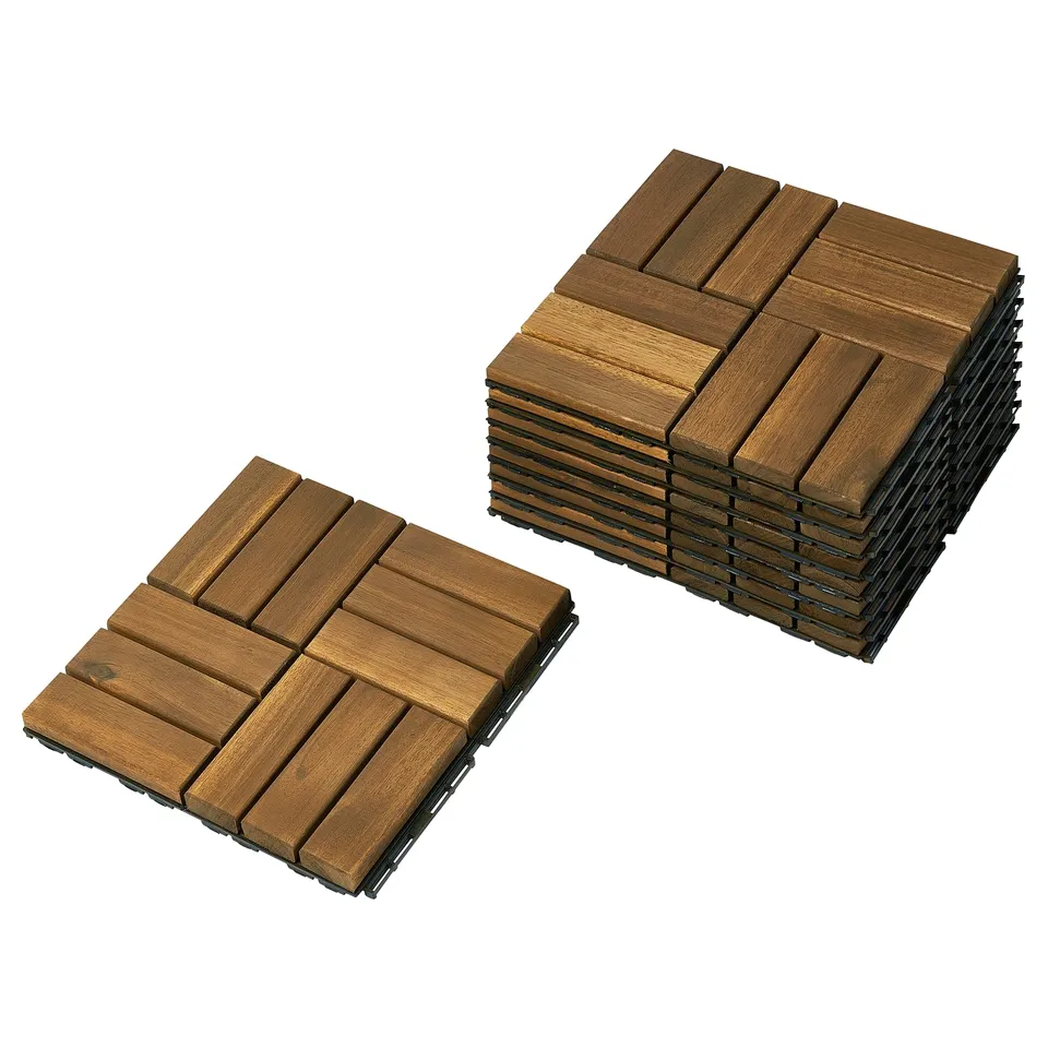 RUNNEN wooden-interlocking tiles, brown, square-shaped, stackable, outdoor decking.