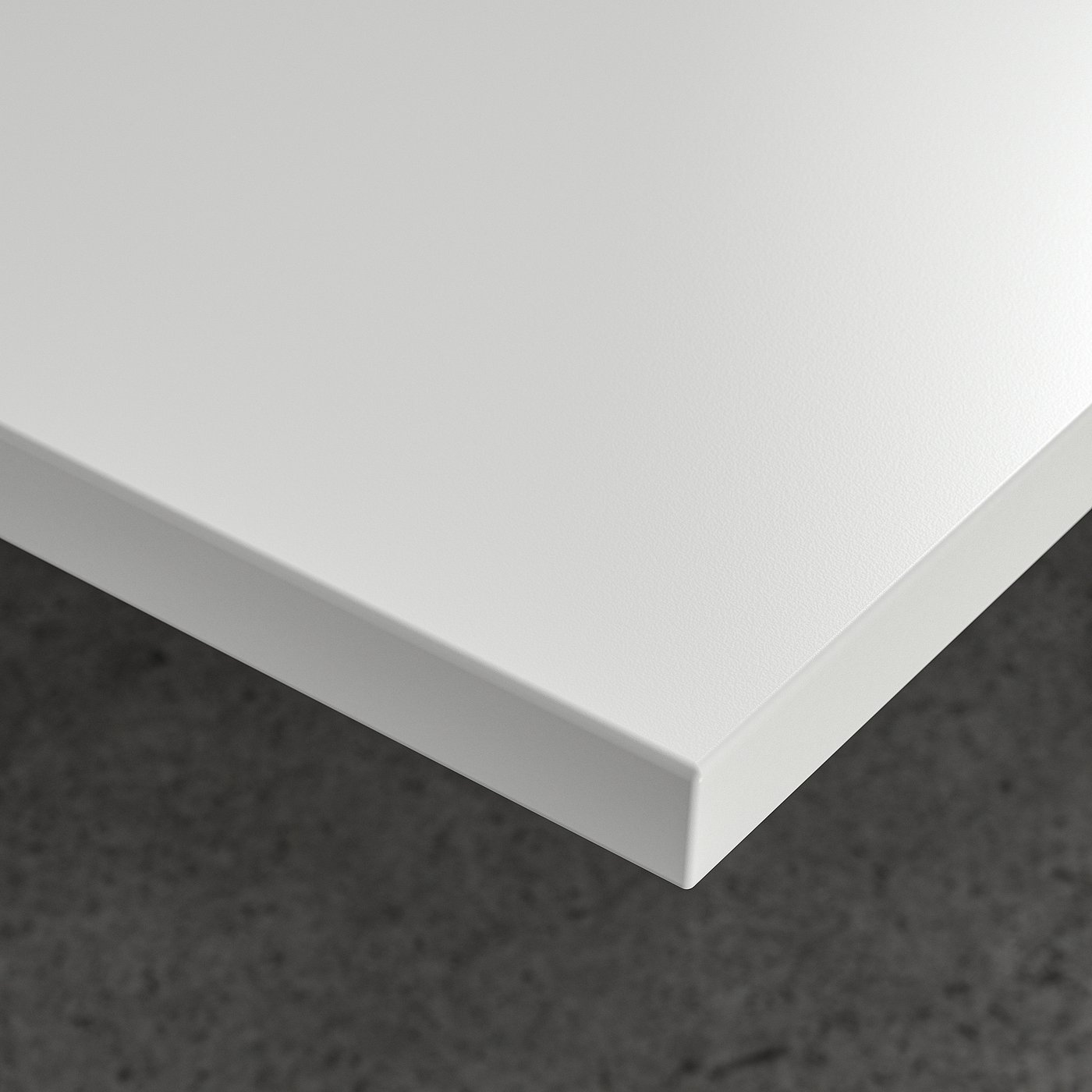 Clean, modern desk surface; glossy white, smooth texture, clear edge detail.