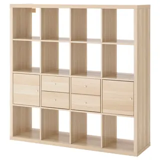 KALLAX shelving unit with 4 inserts, white stained oak effect, Width 147.0 x Depth 39 x Height 146.5 cm