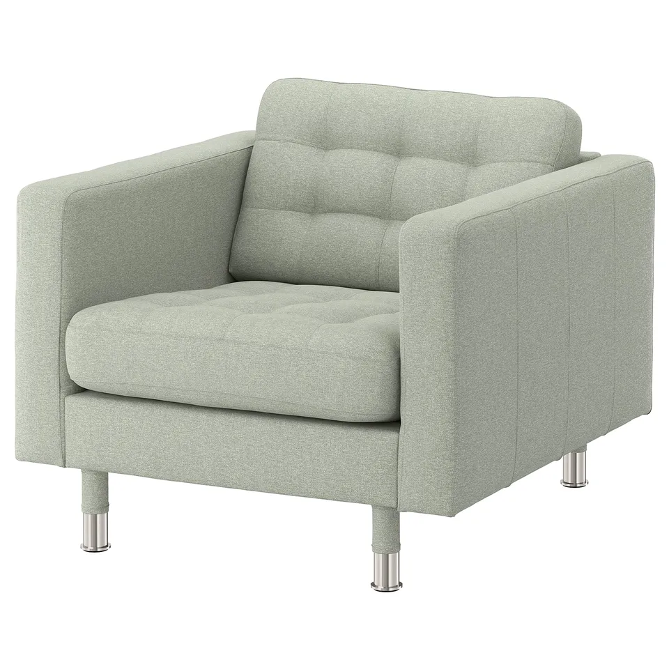 Light grey ldLANDSKRONA armchair, boxy shape, soft fabric, chrome legs.