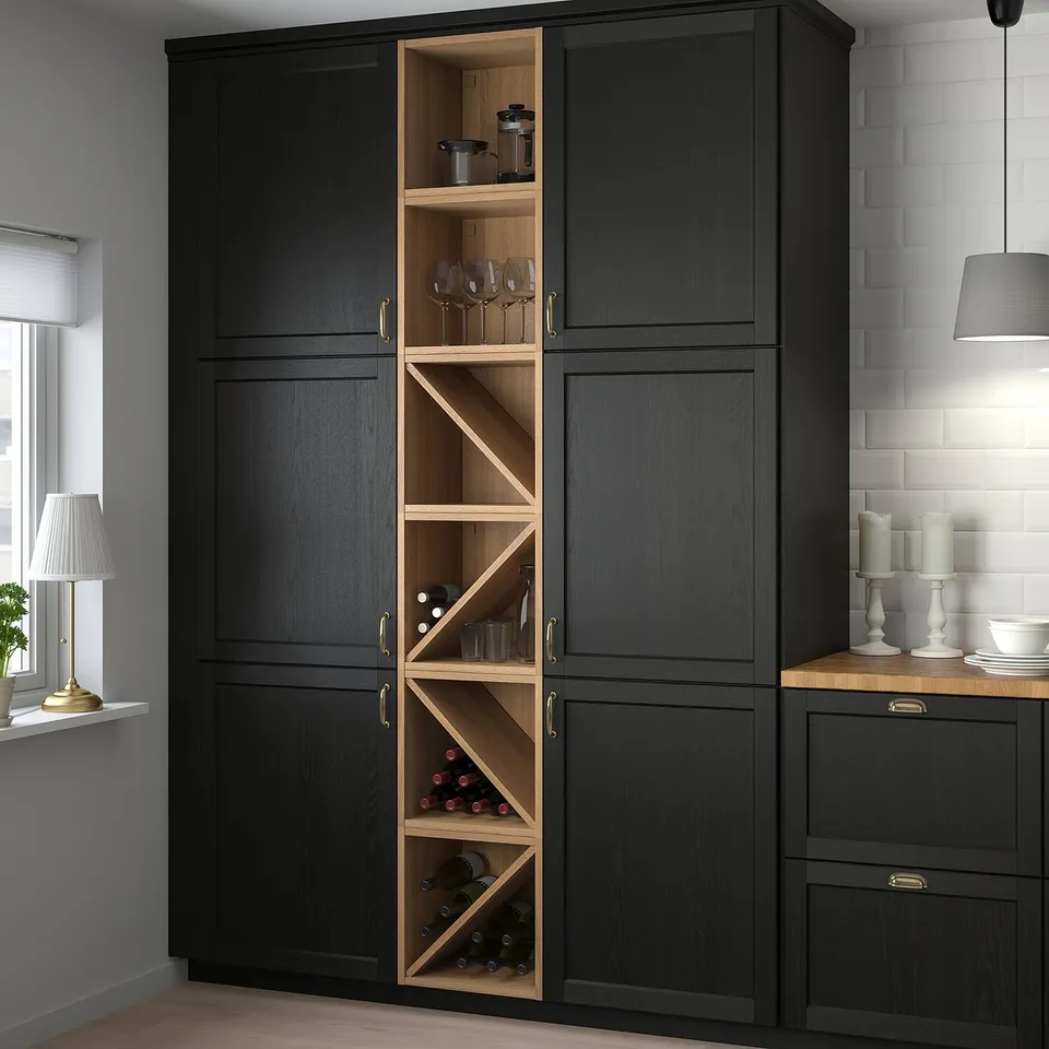 Dark VADHOLMA cabinet with wine shelf, holding bottles and glasses.