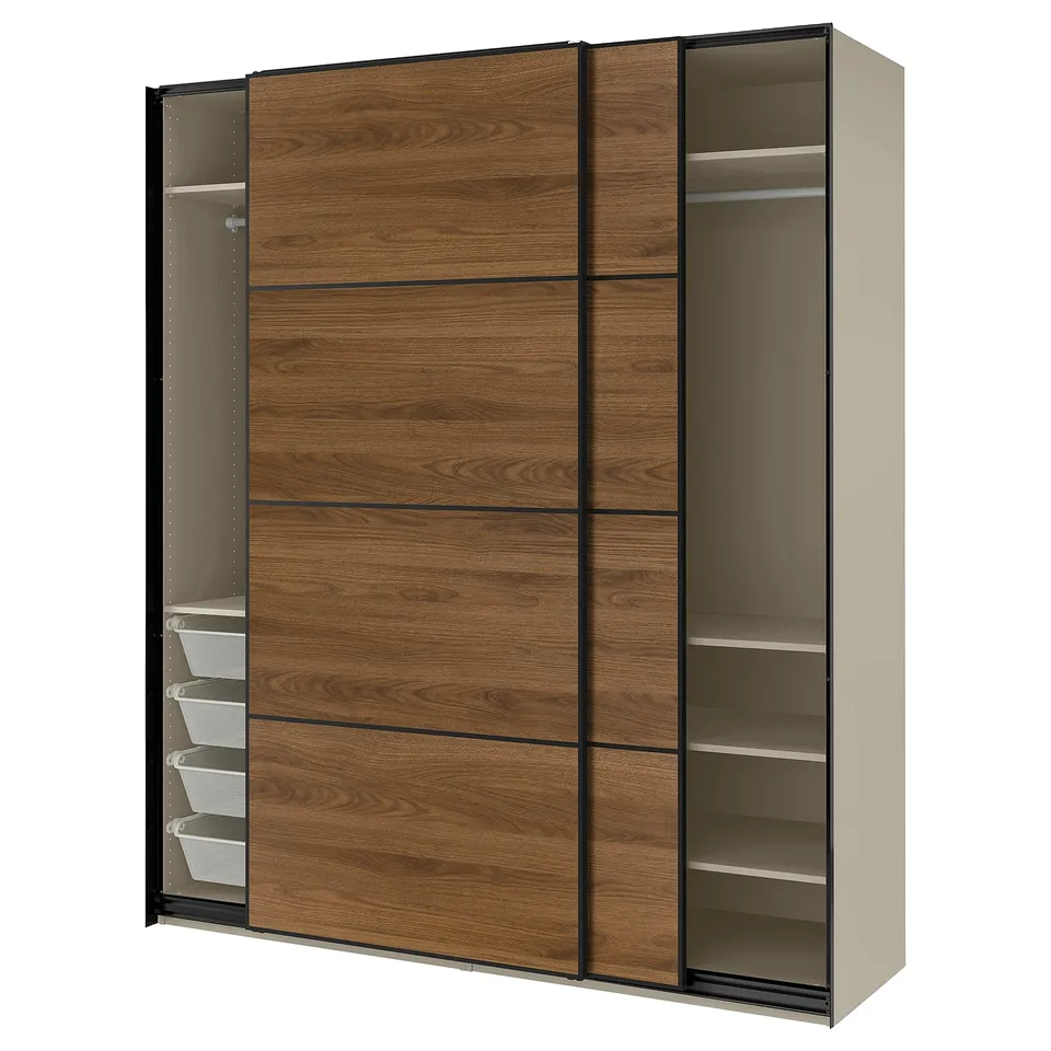 An IKEA PAX wardrobe with wooden sliding doors and beige frame, showcasing organised shelving and storage compartments.