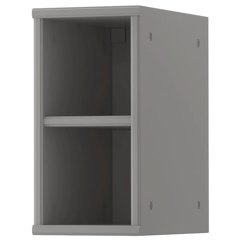 TORNVIKEN grey open cabinet with shelf, modern design, fiberboard material for space-saving storage.