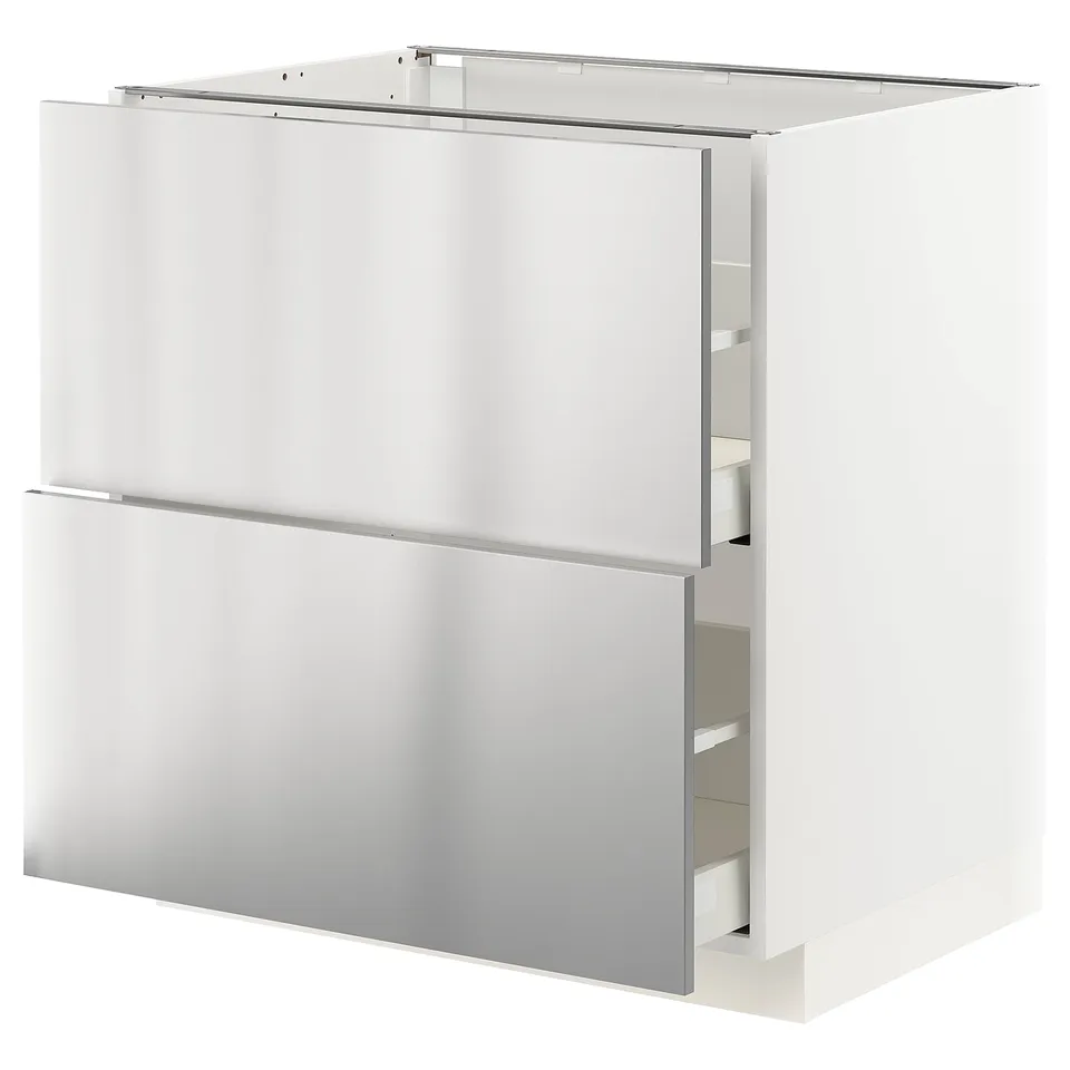 Modern white kitchen cabinet, stainless steel accents, rectangular shape, minimalist design.