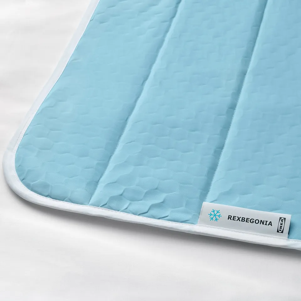 Light blue mattress protector with white trim, REXBEGONIA label, soft cool-touch material.