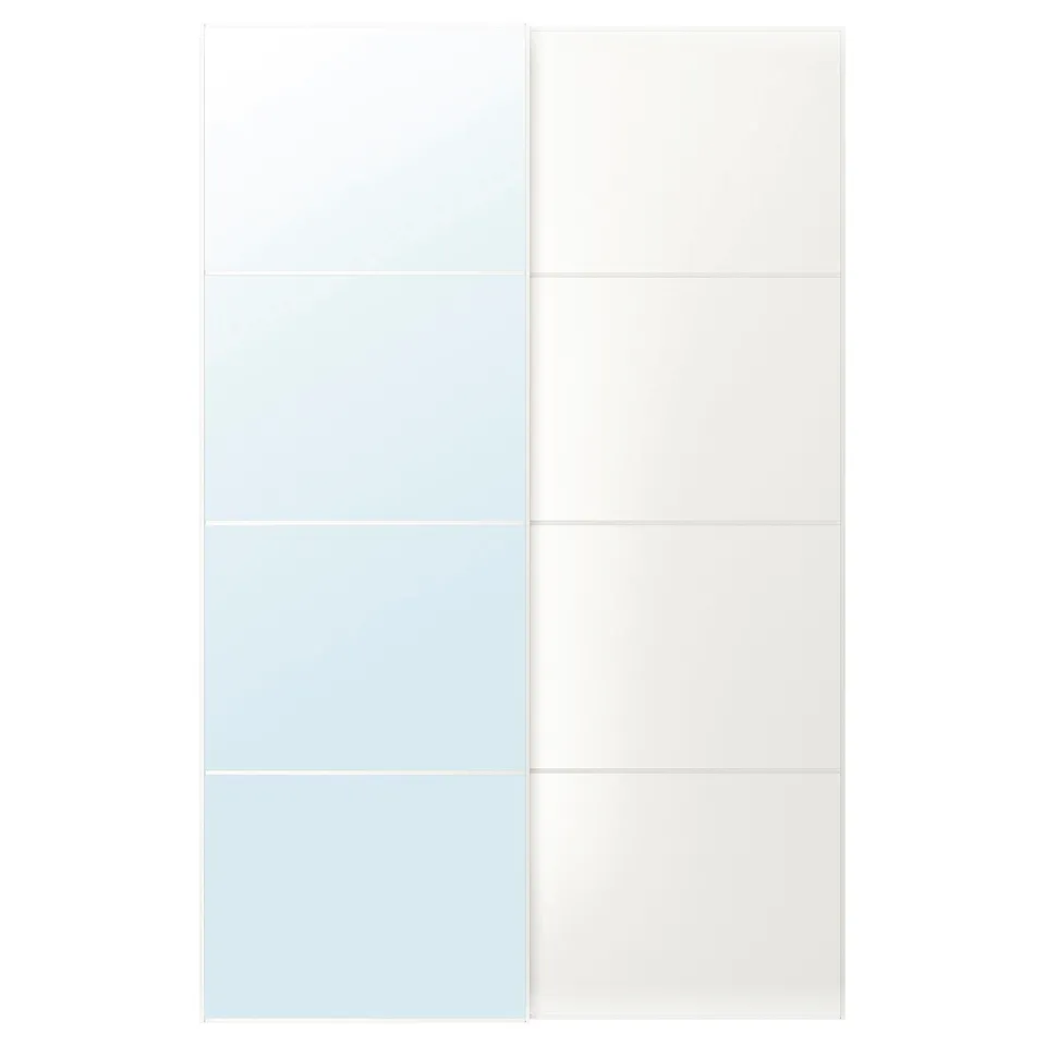 AULI sliding door pair, white. One mirrored, others with dual-textured panels. Frames are aluminium, glass and fiberboard.