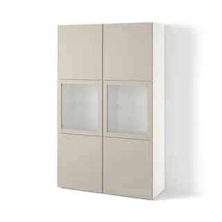 BESTÅ storage combination w glass doors, white Lappviken/light grey-beige clear glass, Width 120 x Depth 42 x Height 193 cm