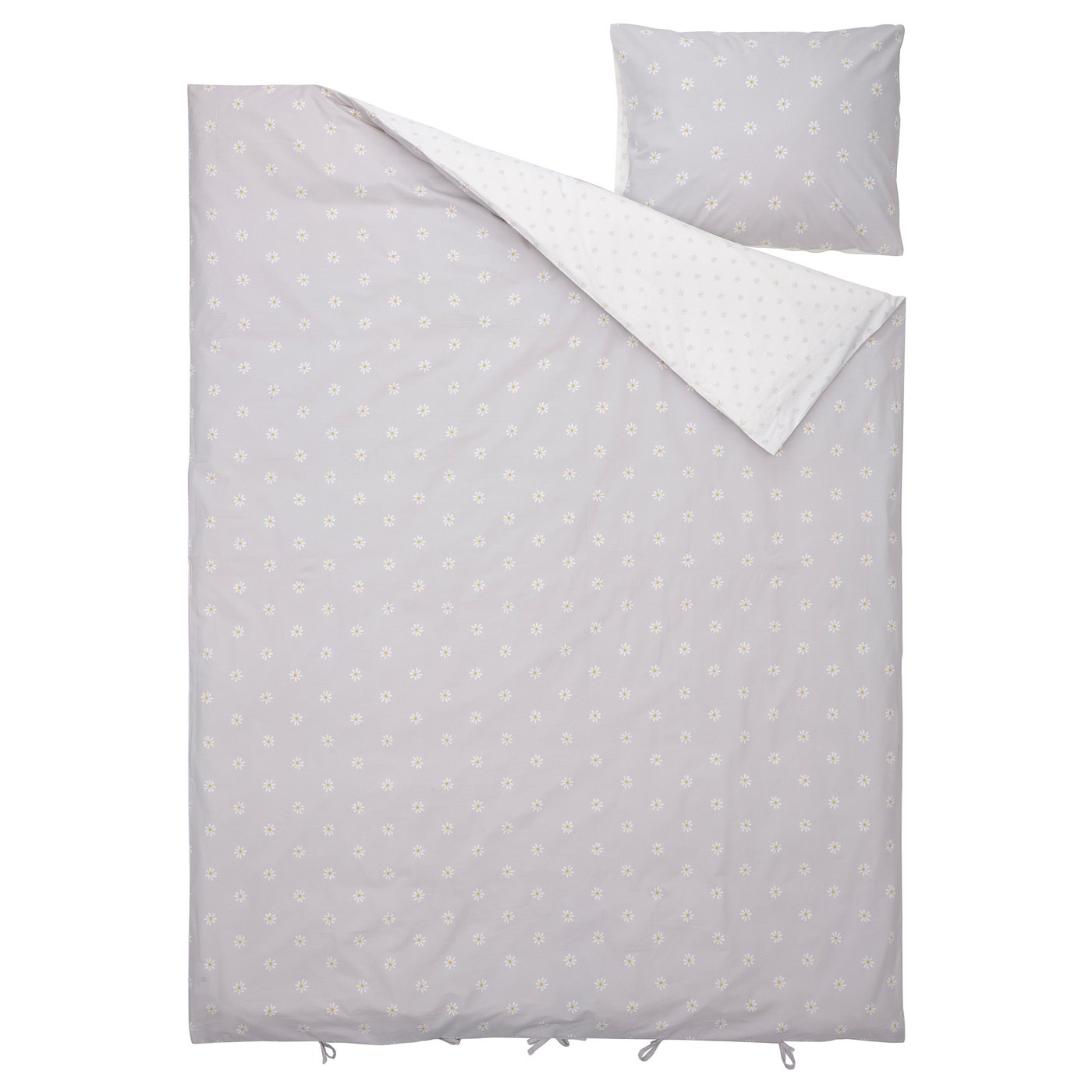 NATTSLÄNDA daisy duvet cover: grey, white floral, cotton, rectangular with ribbon closure.