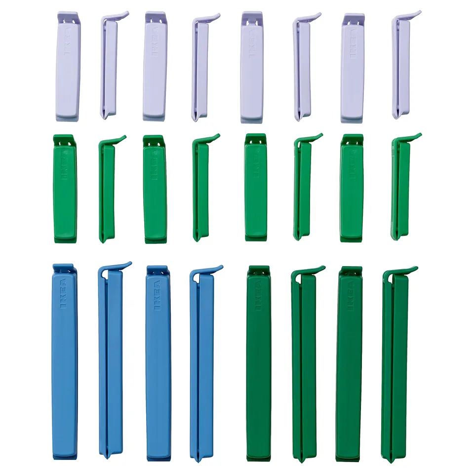 Multiple BEVARA sealing clips in blue, green, and white colours displayed; plastic, rectangular with hook design.
