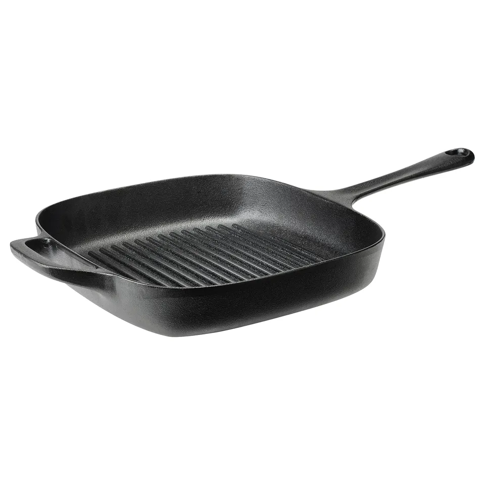 Black cast iron square frying pan with two handles. Suitable for hobs and ovens.
