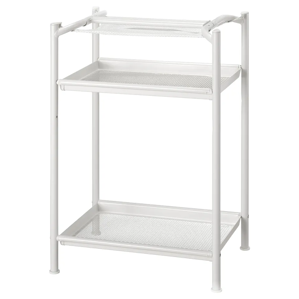 A white SPÄND storage unit. It two mesh shelves with adjustable heights. The unit is designed for organising papers and office supplies.