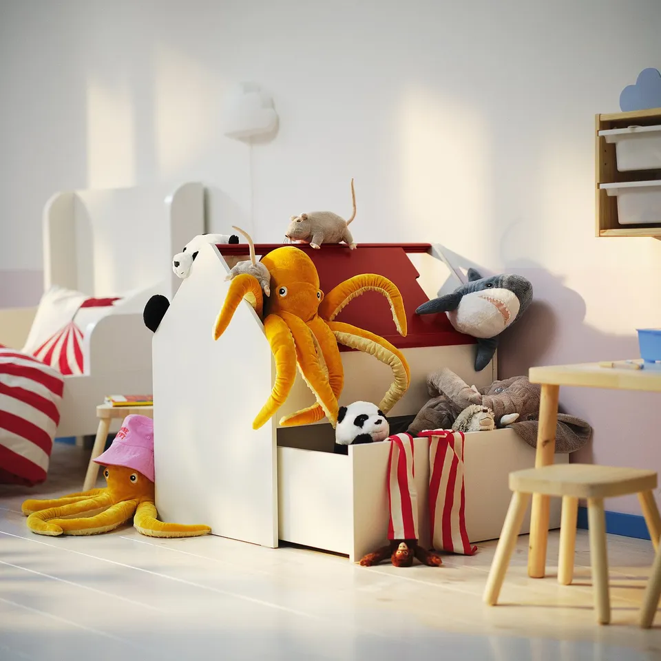 Bright kids storage house: white, rectangular, two-compartment, one drawer, various plush toys, inside & around, by VITBJÖRN.