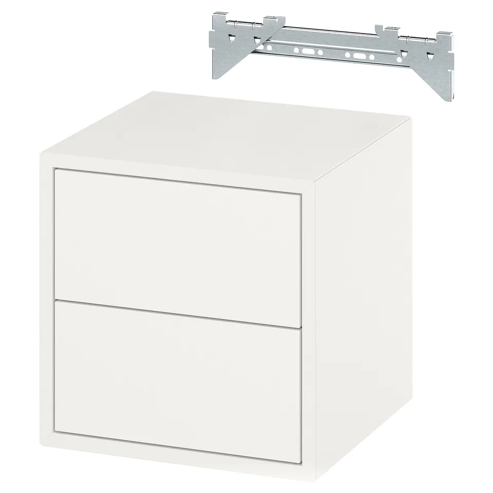 A white EKET cabinet with two drawers, complemented by a metal suspension rail. The cabinet is sleek and modern, designed for efficient storage.