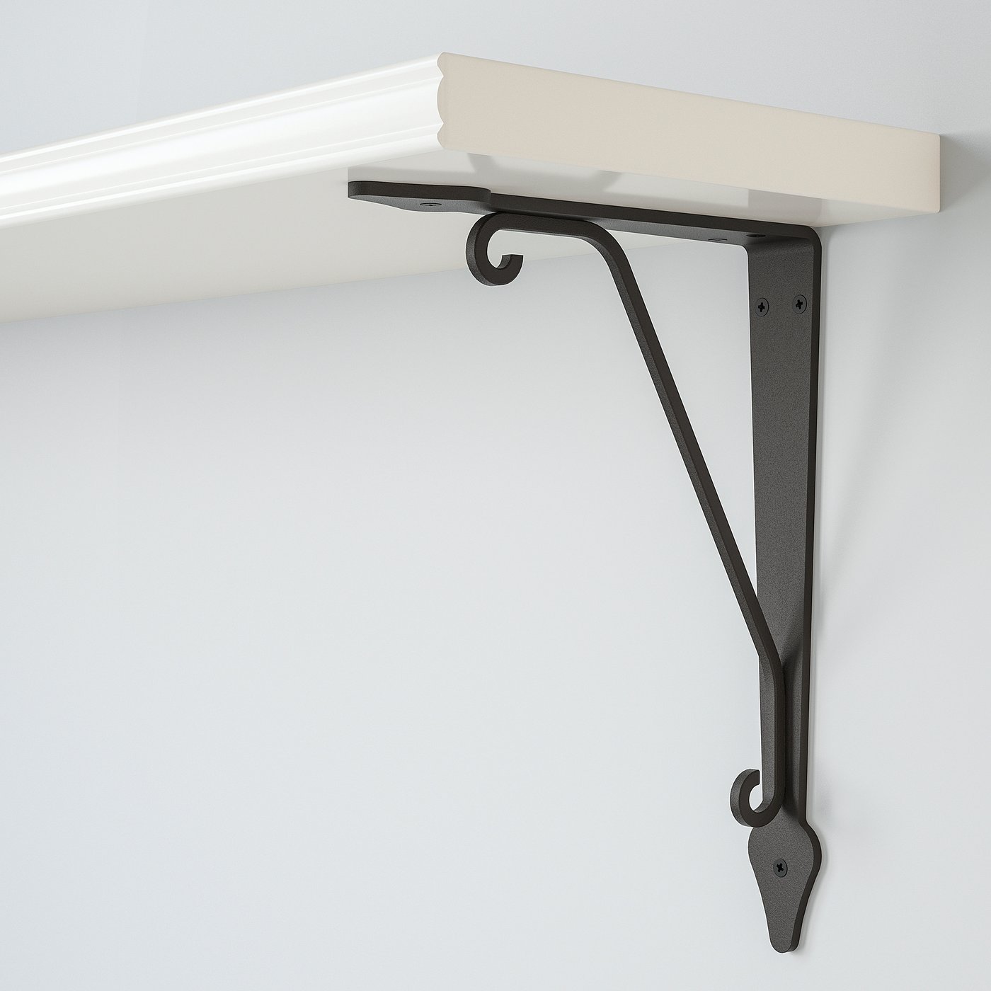 A sleek, modern wall shelf with black metal brackets securely mounted on a pristine white wall. The shelf offers both style and functionality.