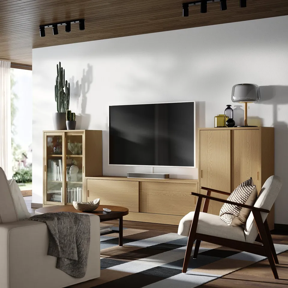 Modern living room with TONSTAD tv bench, light oak, flat-screen tv, cosy chair, rug, lamp, and large cactus.