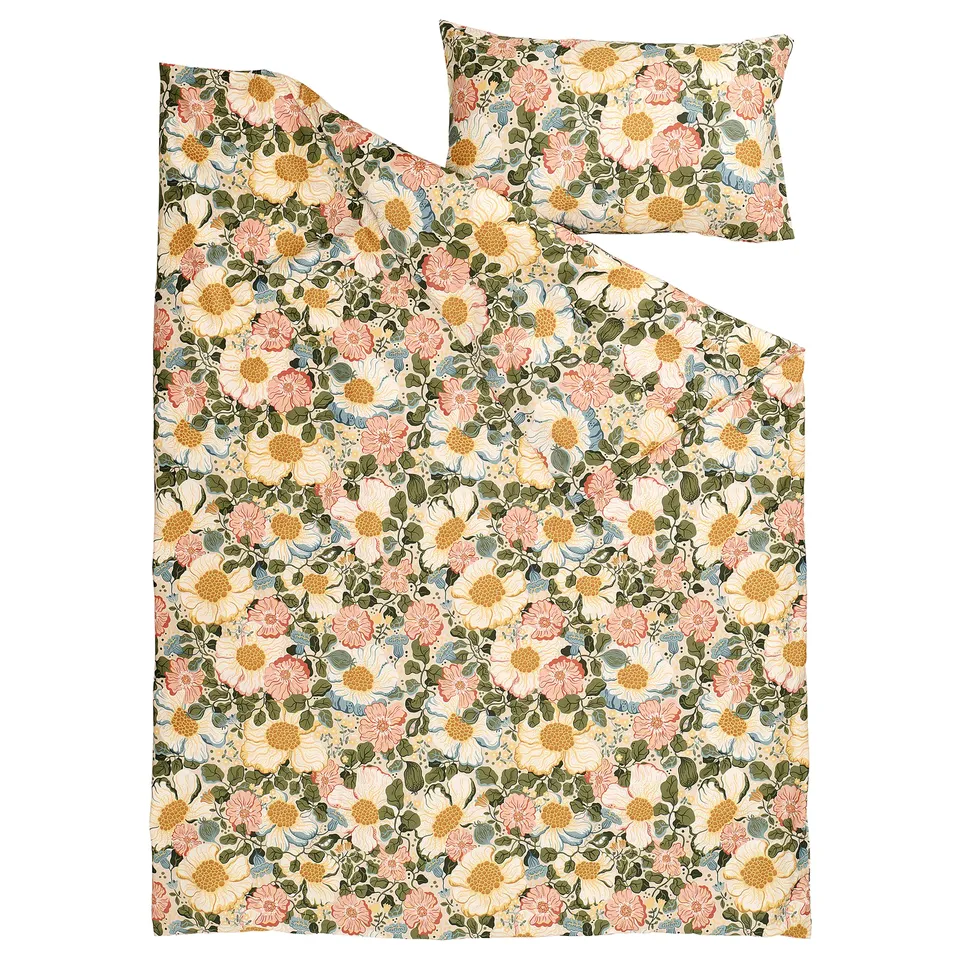 Floral bedding set with pink and yellow flowers on beige, sateen-woven cotton-lyocell, rectangular shape.