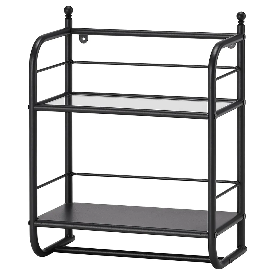 FRÖSJÖN black metal wall shelf with three tempered glass shelves, traditional twist design.