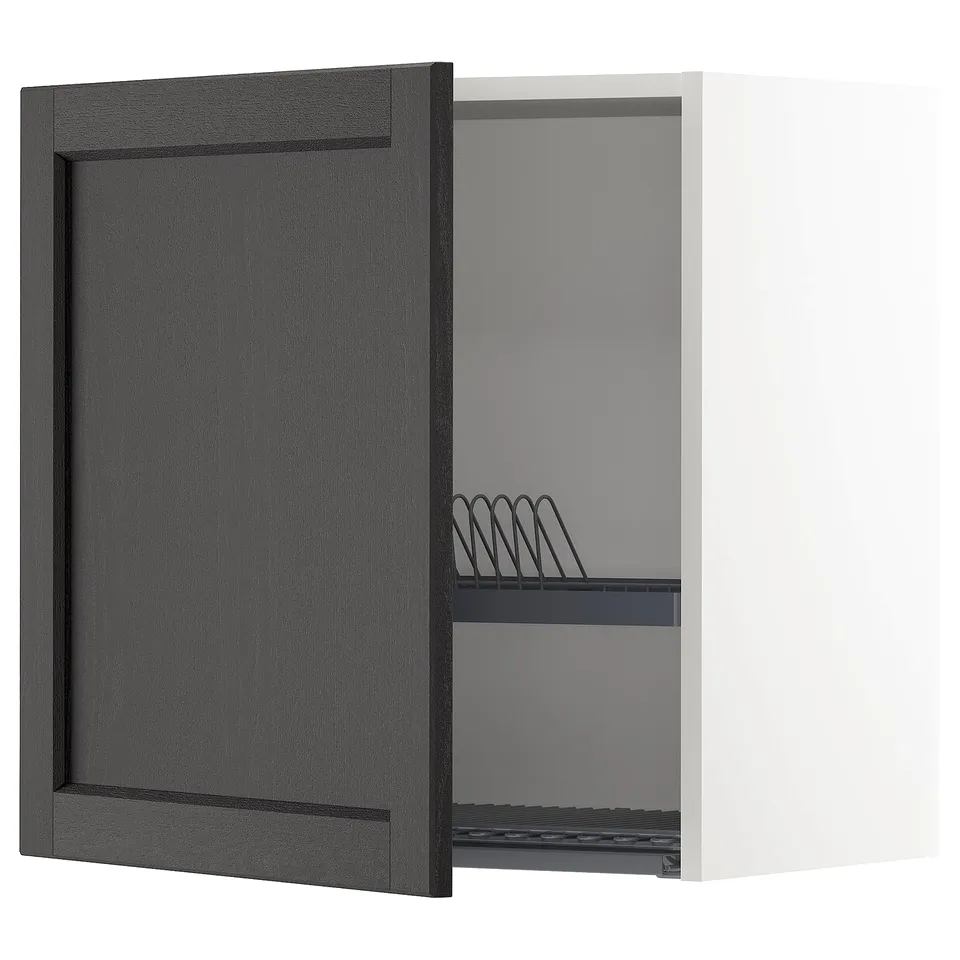 METOD black stained ash cabinet open, displaying dish rack, adjustable shelving.