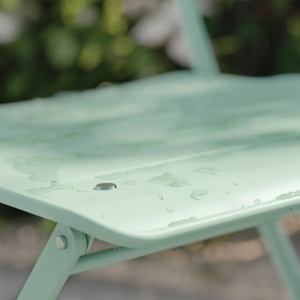Light green metal outdoor table with water drops, showing texture and material.
