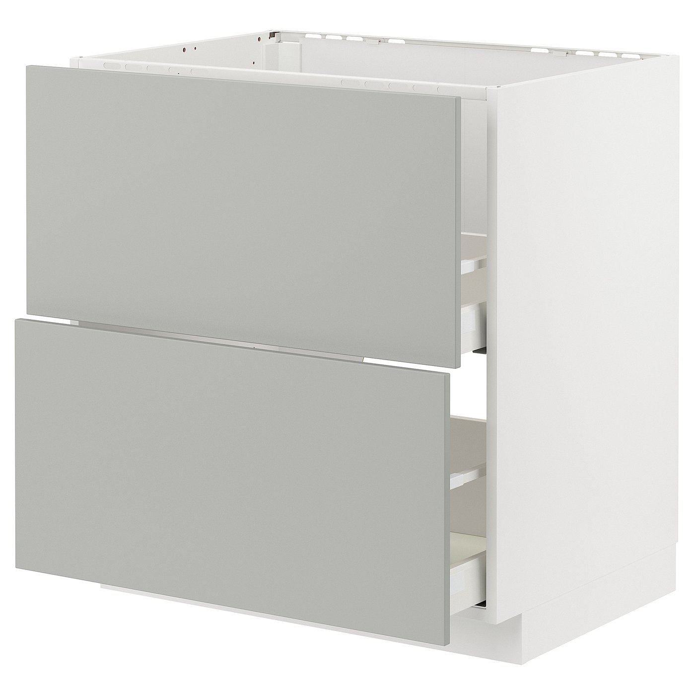 White and grey modern kitchen cabinet with two drawers, rectangular shape, sleek design.