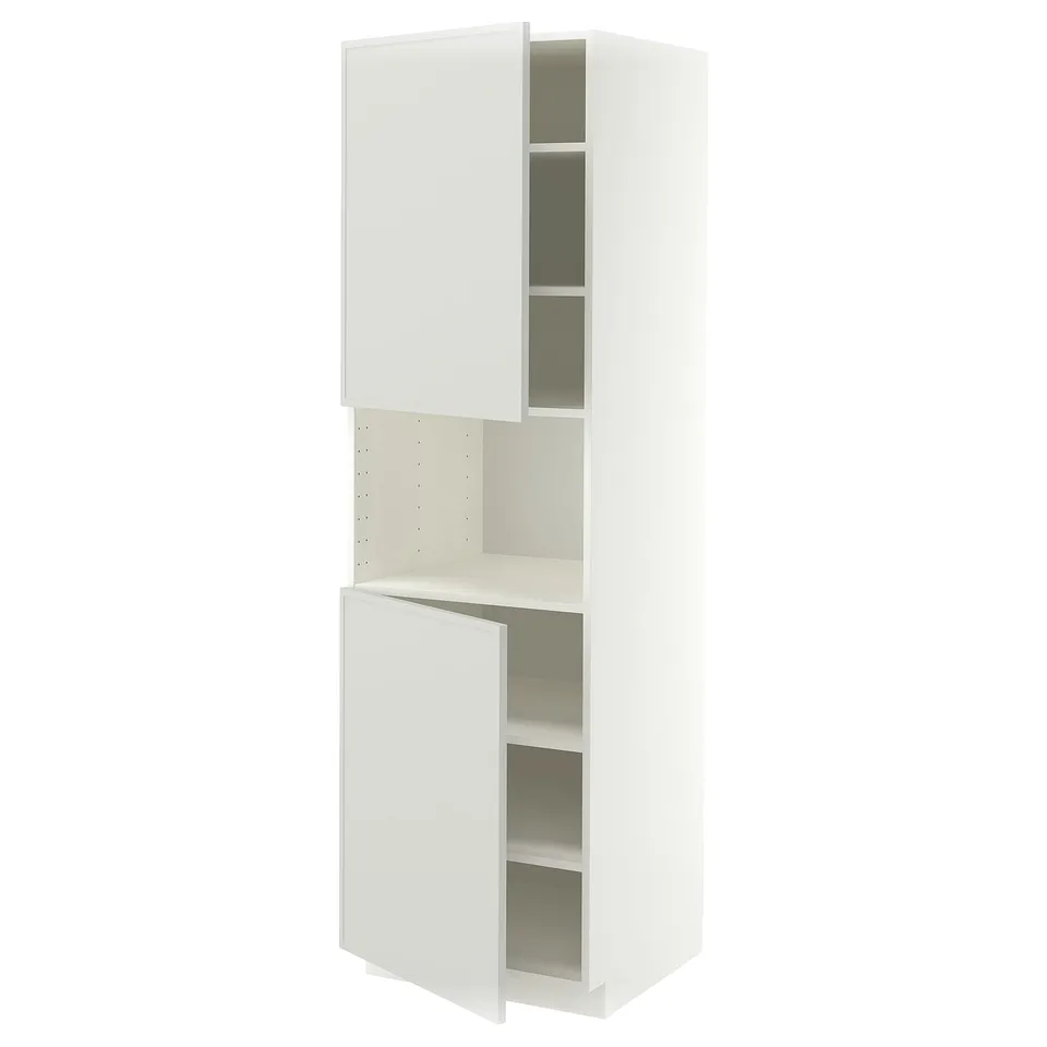 METOD High cab f micro w 2 doors/shelves, white/Aspudden light grey, 60x60x200 cm