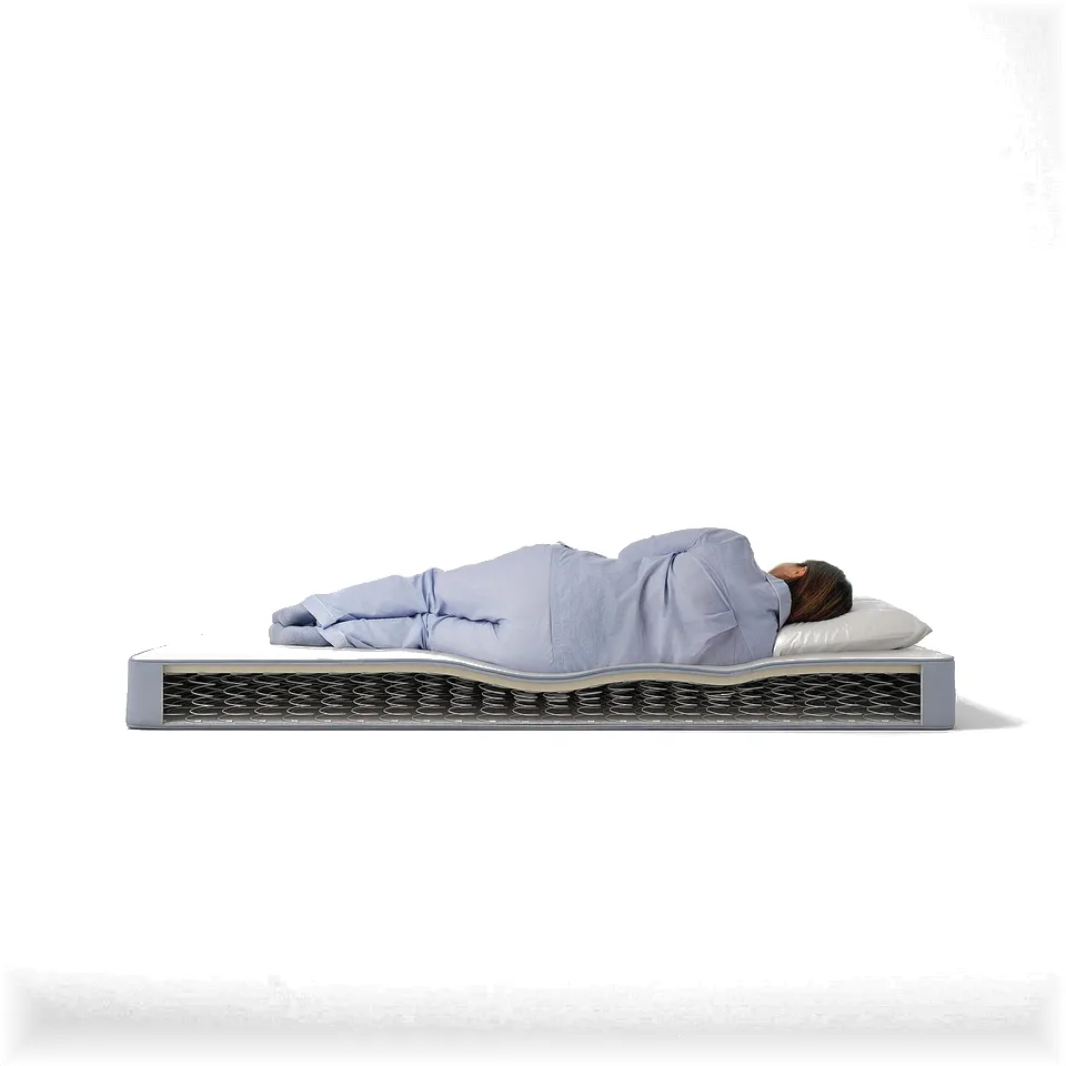 Person sleeping on blue VESTMARKA foam-spring mattress with white pillow.