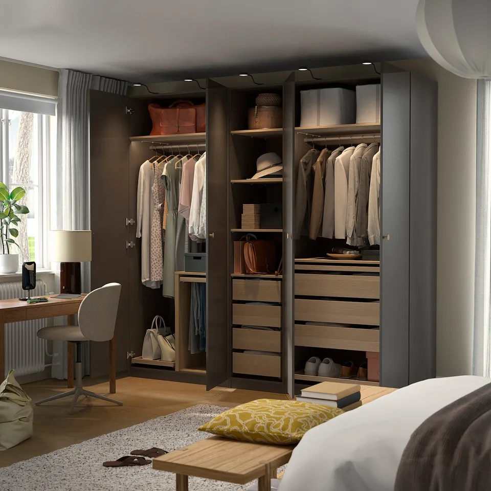 PAX / FORSAND Wardrobe combination, dark grey/white stained oak effect dark grey, 250x60x236 cm