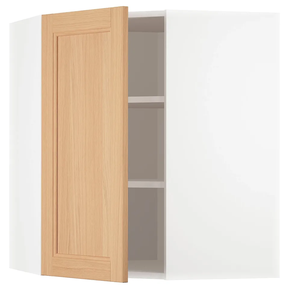 Open wooden kitchen cabinet with shelf.