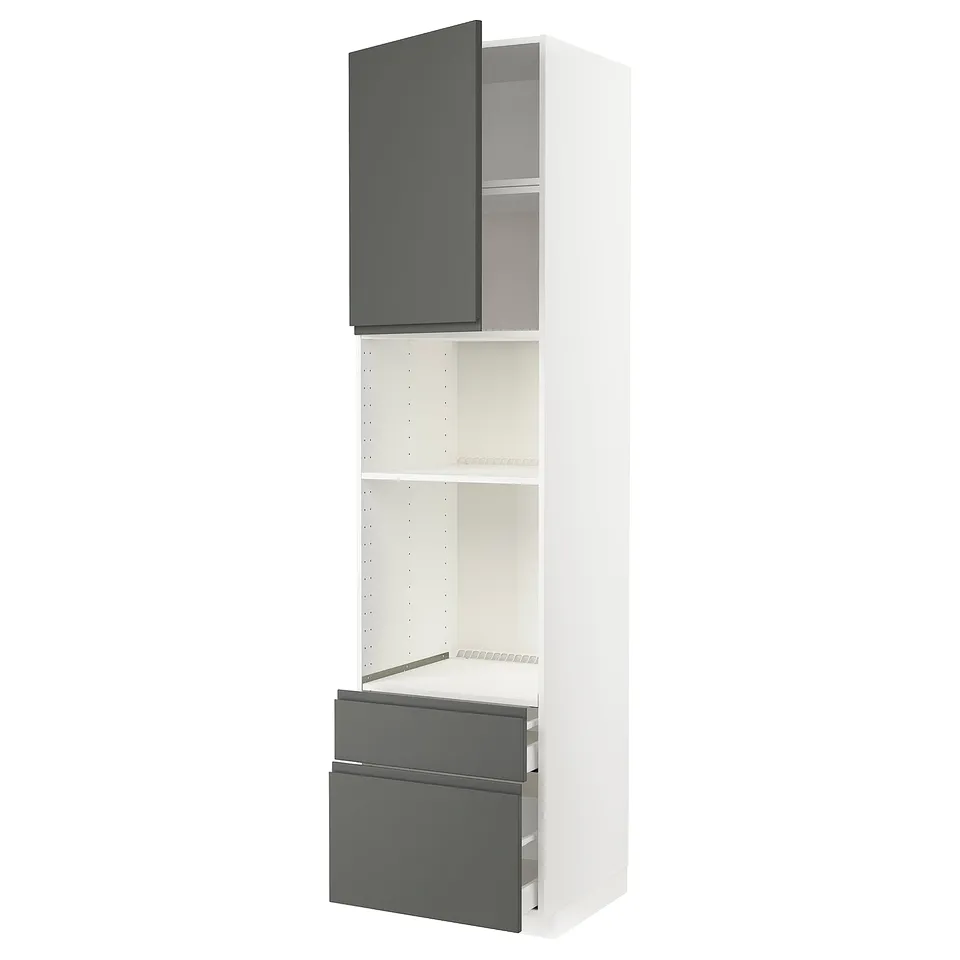 Modern white kitchen cabinet with dark grey drawers and doors.