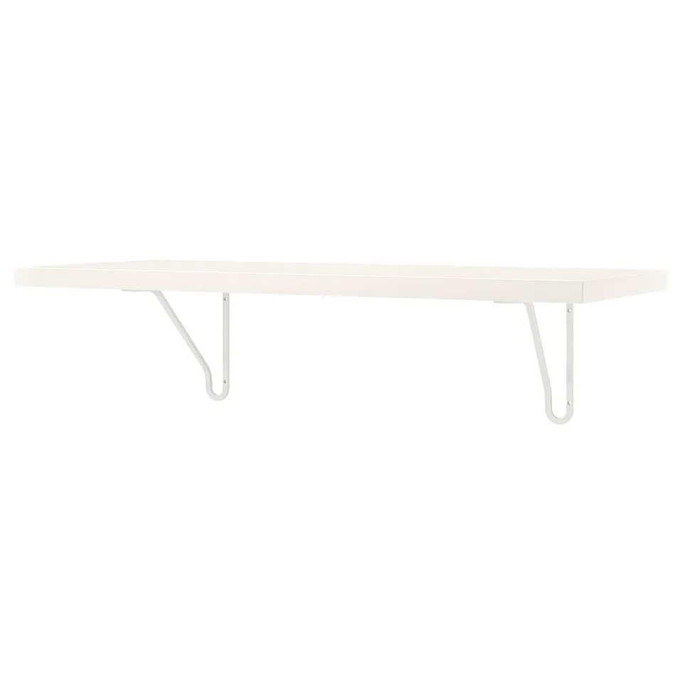 A white wall shelf, BERGSHULT, with two metal brackets. Its made of particleboard and metal, rectangular in shape with a sleek, modern design.