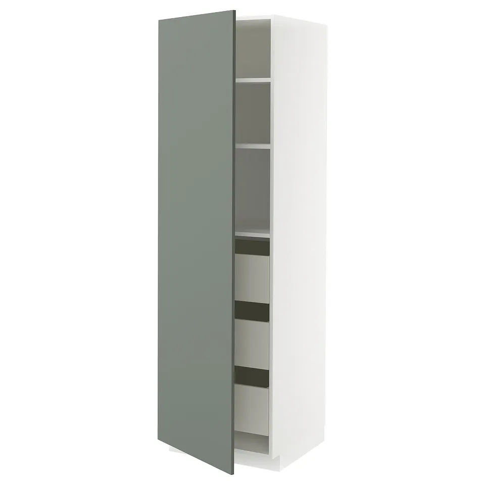 Modern kitchen cabinet, white with green-gray door, adjustable shelves, left or right mount.