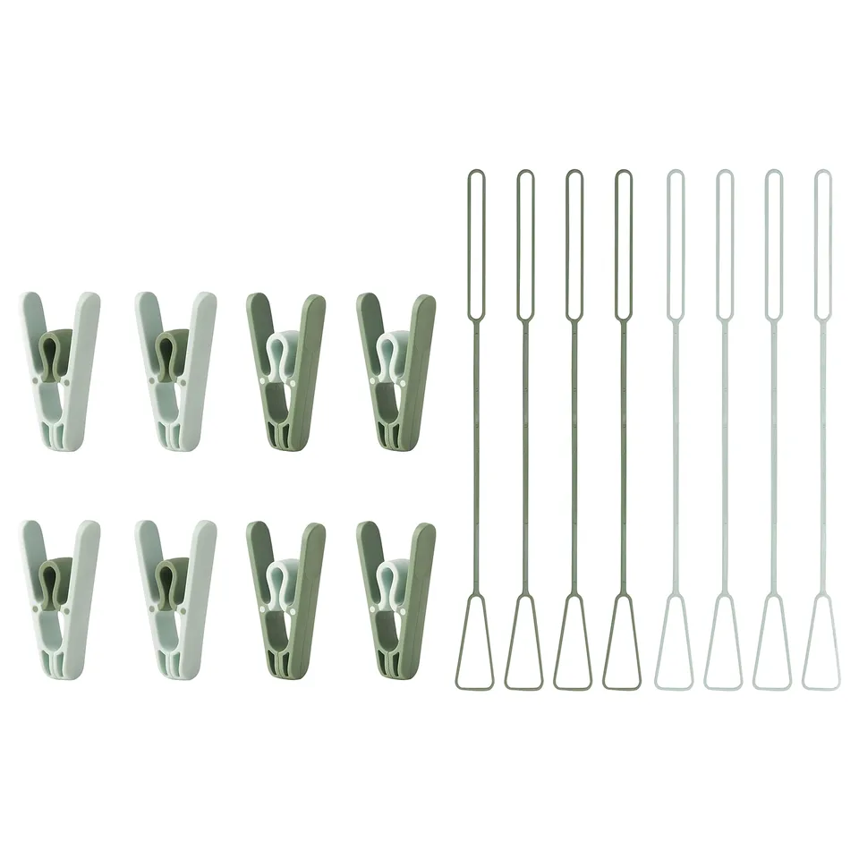 Green SLIBB clothes pegs & hooks set: 10 pegs & 10 hooks, uv-protected, wide openings, loop designs.