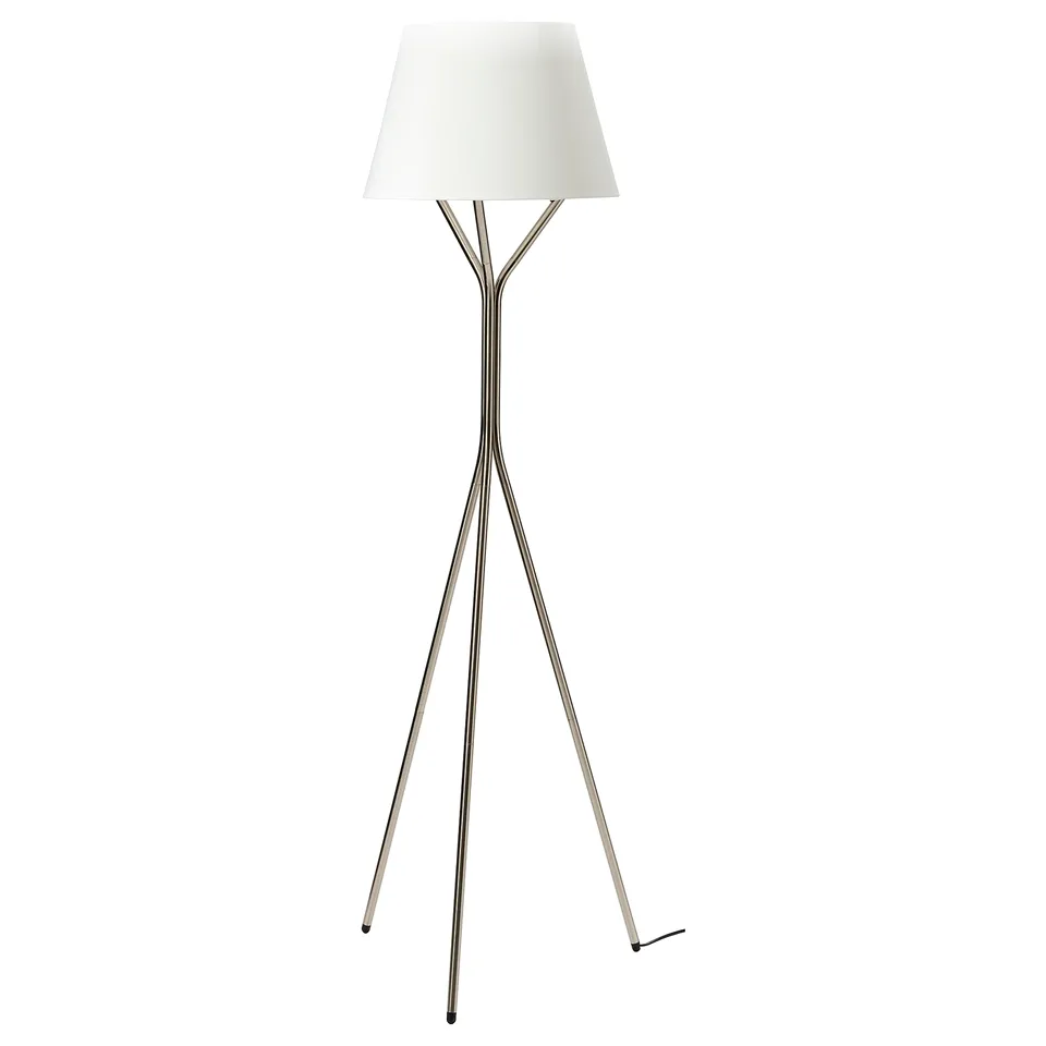 A BLÄNKFYR white floor lamp with a tripod base and linen shade, providing general light.