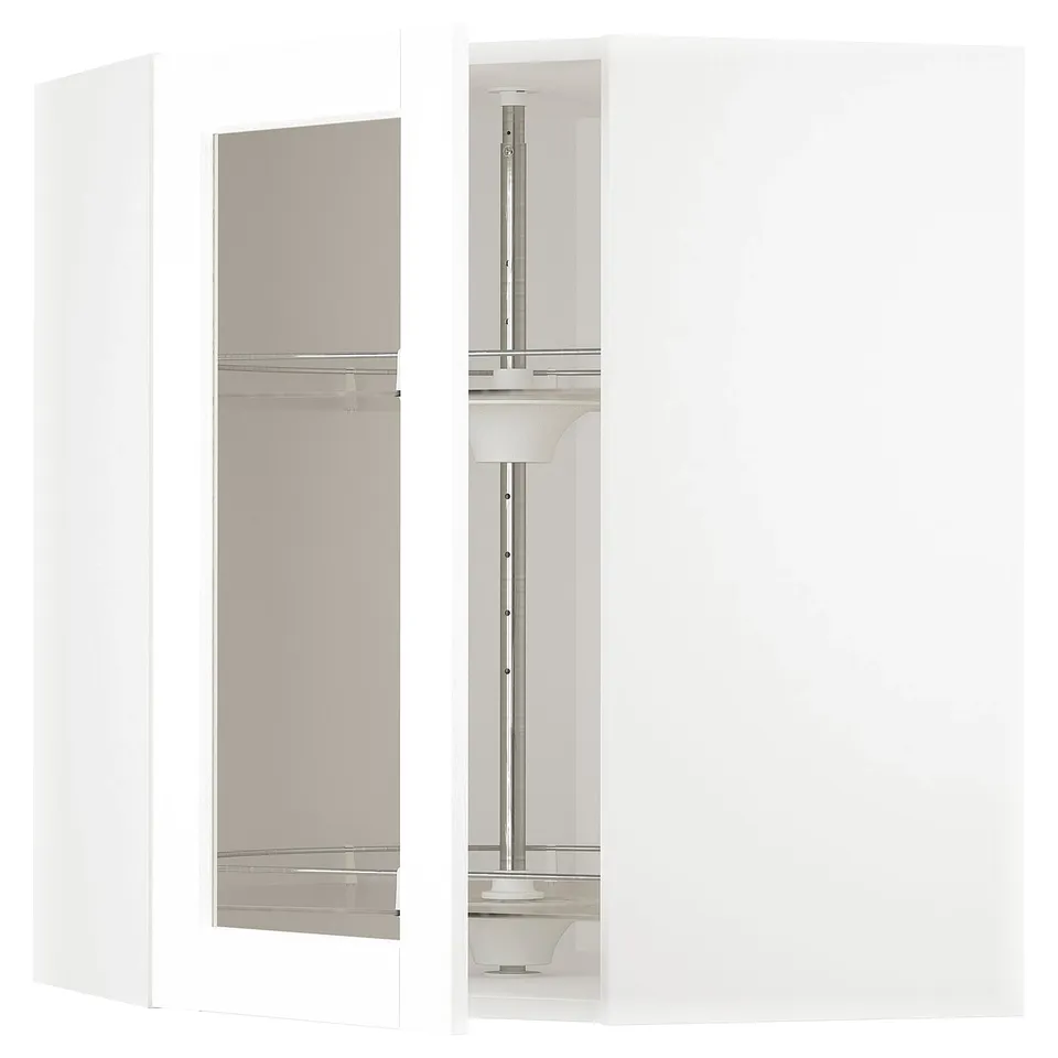 METOD white kitchen cabinet with glass doors, adjustable shelf, left or right hinge, sturdy frame.