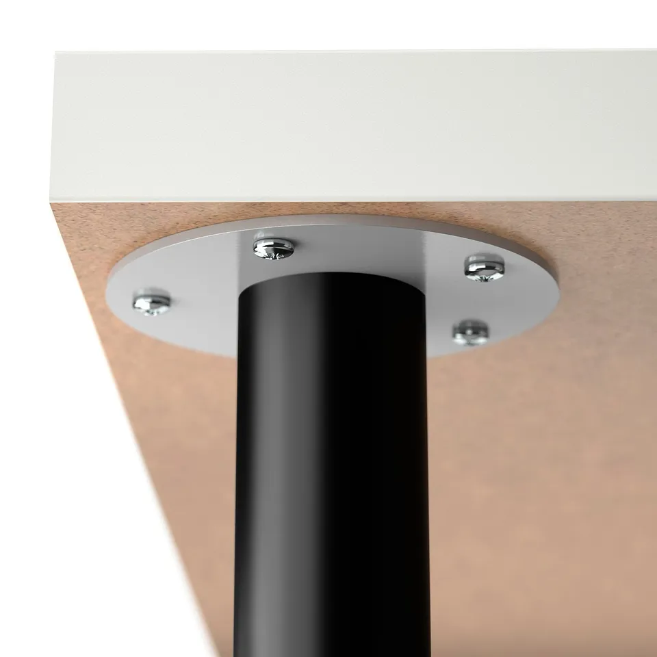 Close-up of table leg attached with metal plate and bolts, showcasing sturdy assembly.