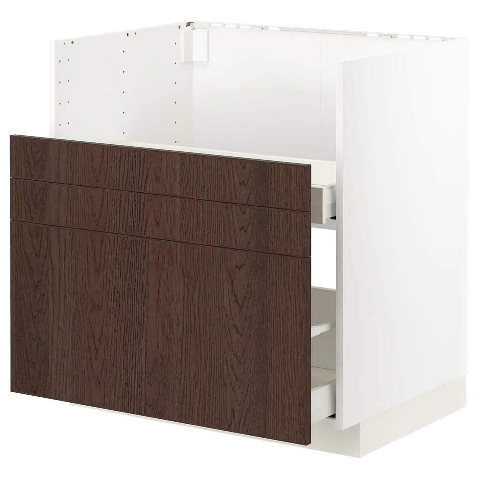 Modern kitchen with dark brown drawers.