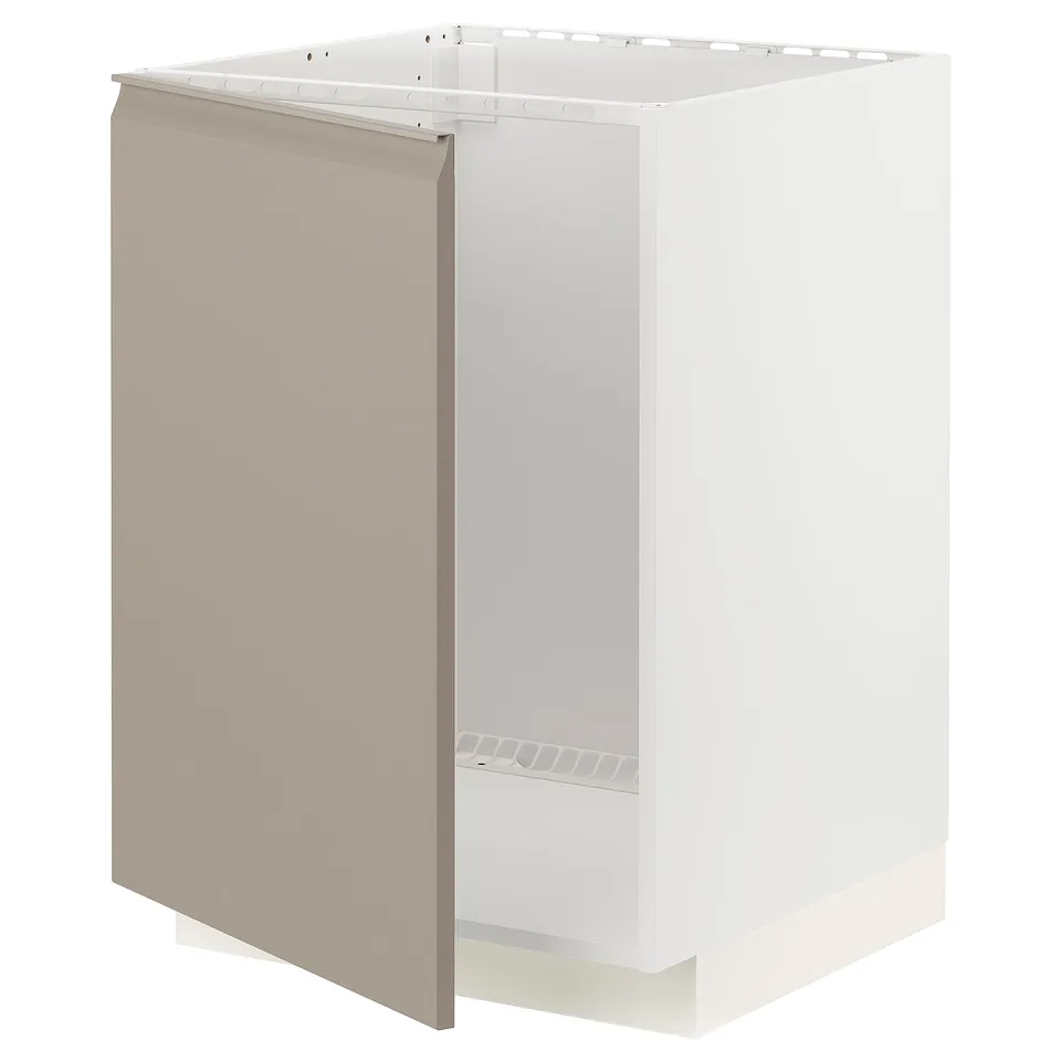 Modern kitchen cabinet in grey-beige with sleek, minimalist design and integrated handle.