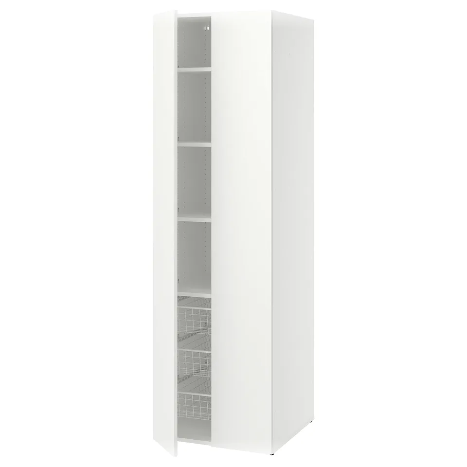A white LASTARE cabinet with multiple shelves and a pull-out wire basket. Its tall, rectangular, and made of particleboard and steel.