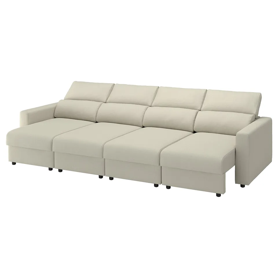 Modern cream-colored modular sofa with chaise lounges, adjustable headrests, and clean lines.