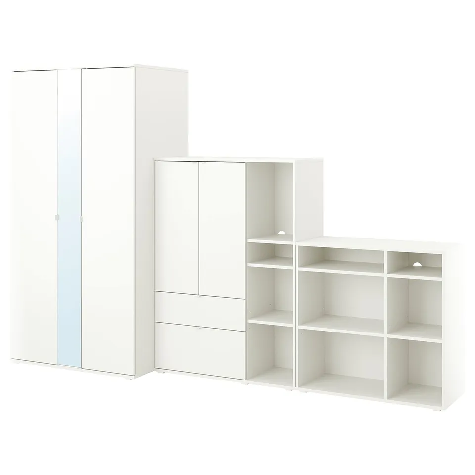 White VIHALS minimalist storage set: wardrobe with mirrored doors, shelves, renewable materials.