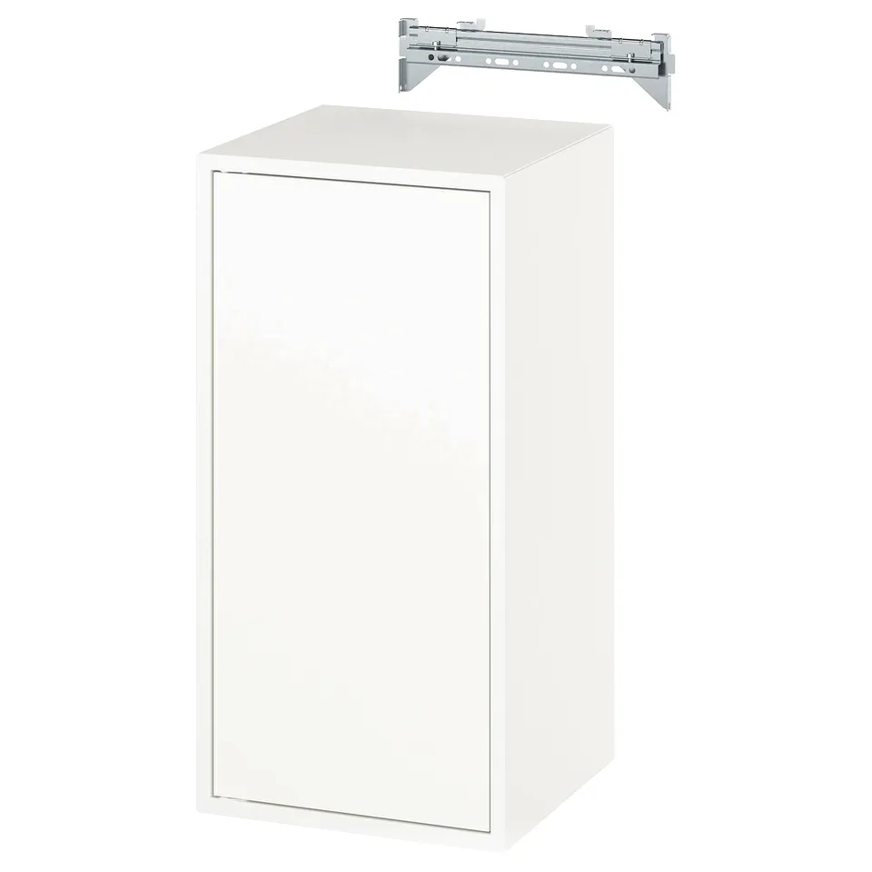 A white rectangular wall cabinet with a single door and a metal suspension rail. Modern, minimalist design.