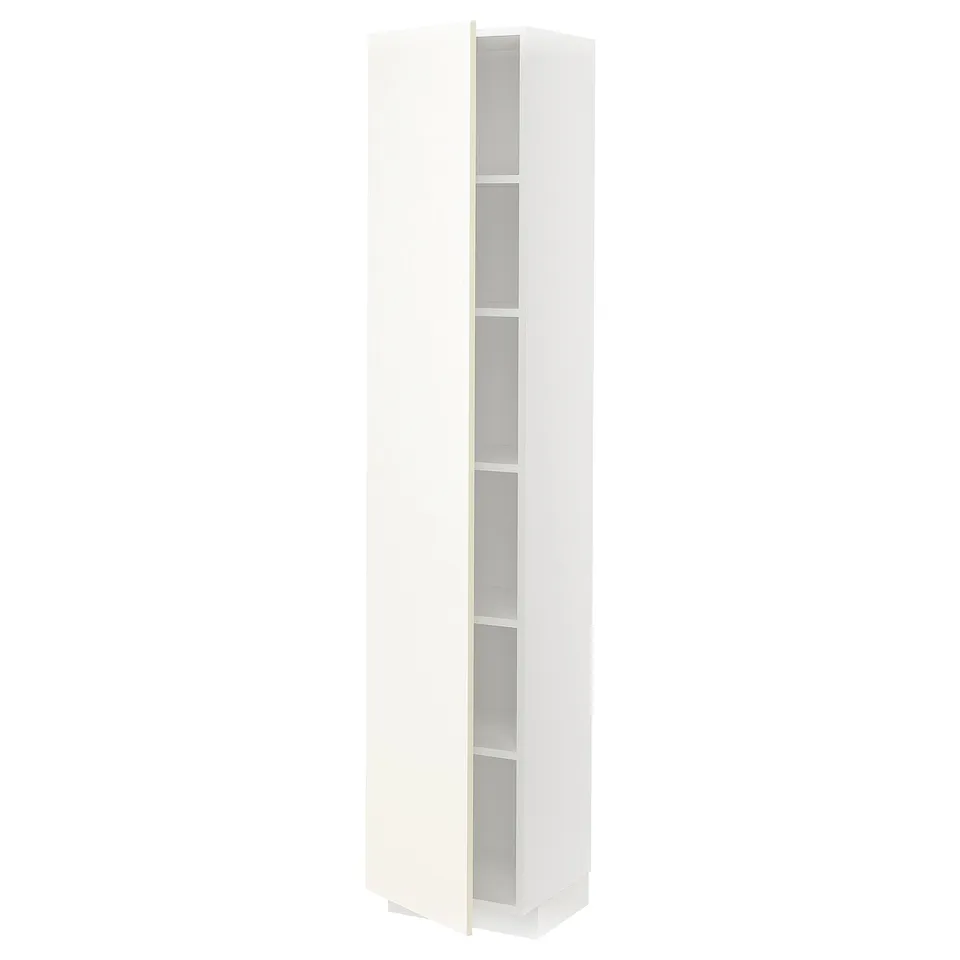 White METOD kitchen cabinet, tall with open shelves.
