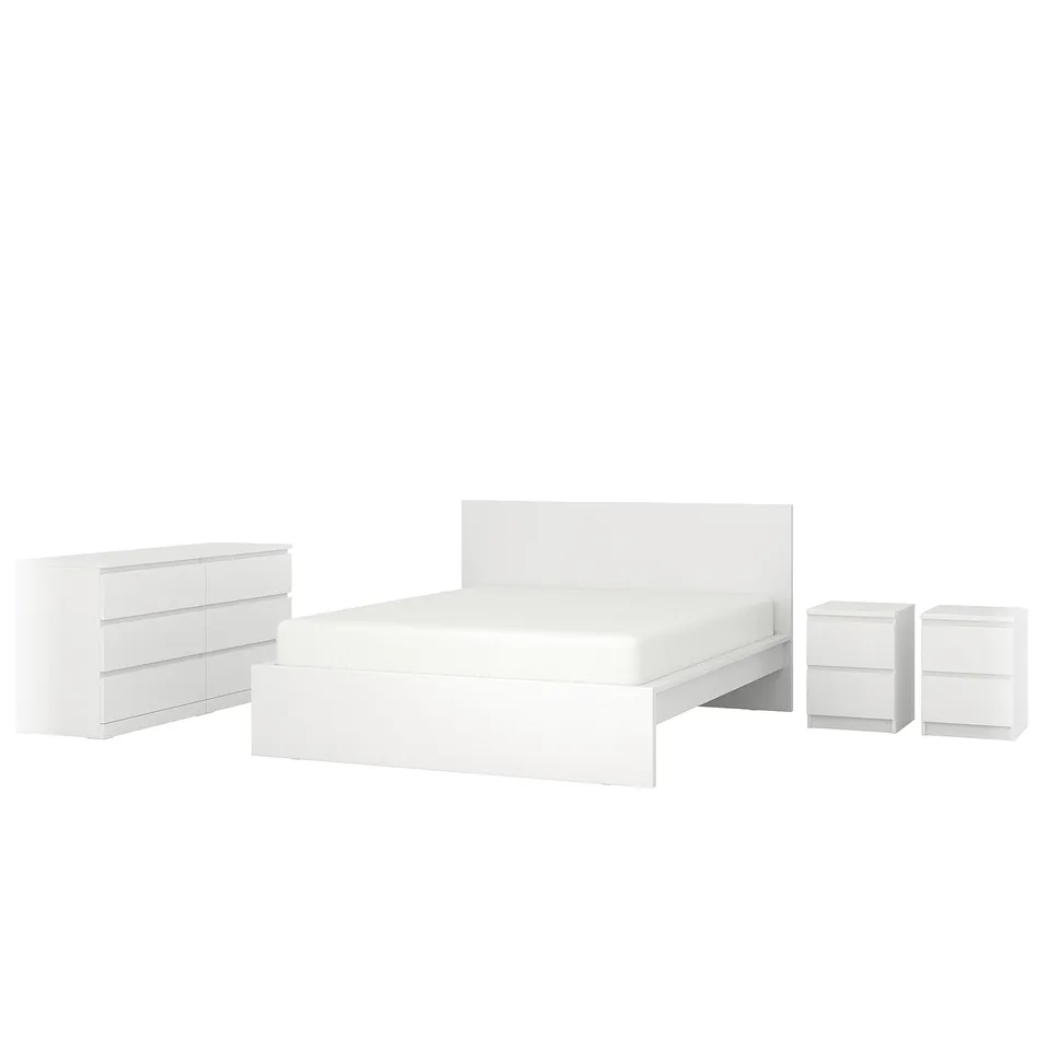 MALM white bedroom set: bed, nightstands, dresser with minimalist design.