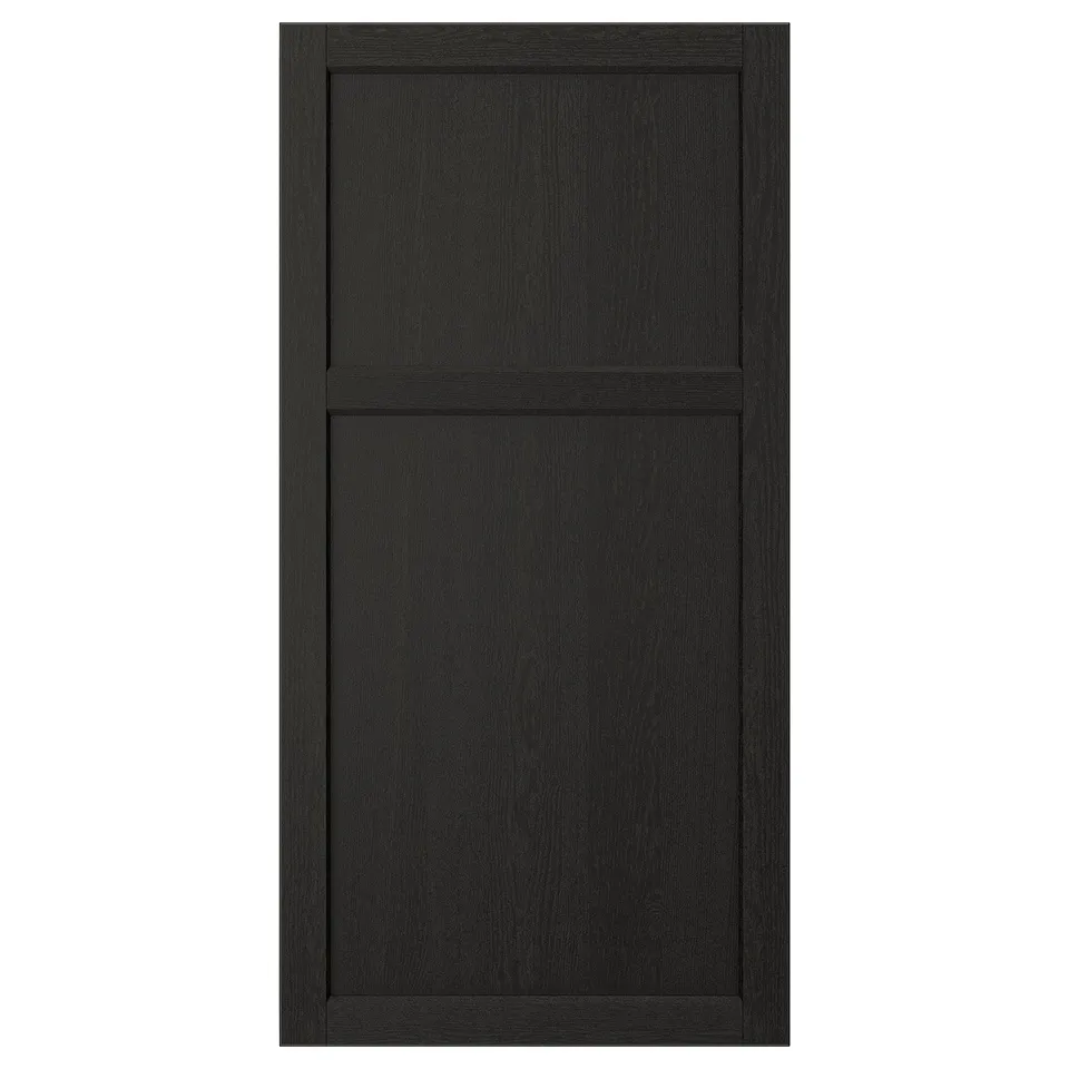 LERHYTTAN black kitchen cabinet door with solid wood frame and inset ash veneer panel, timeless traditional design.
