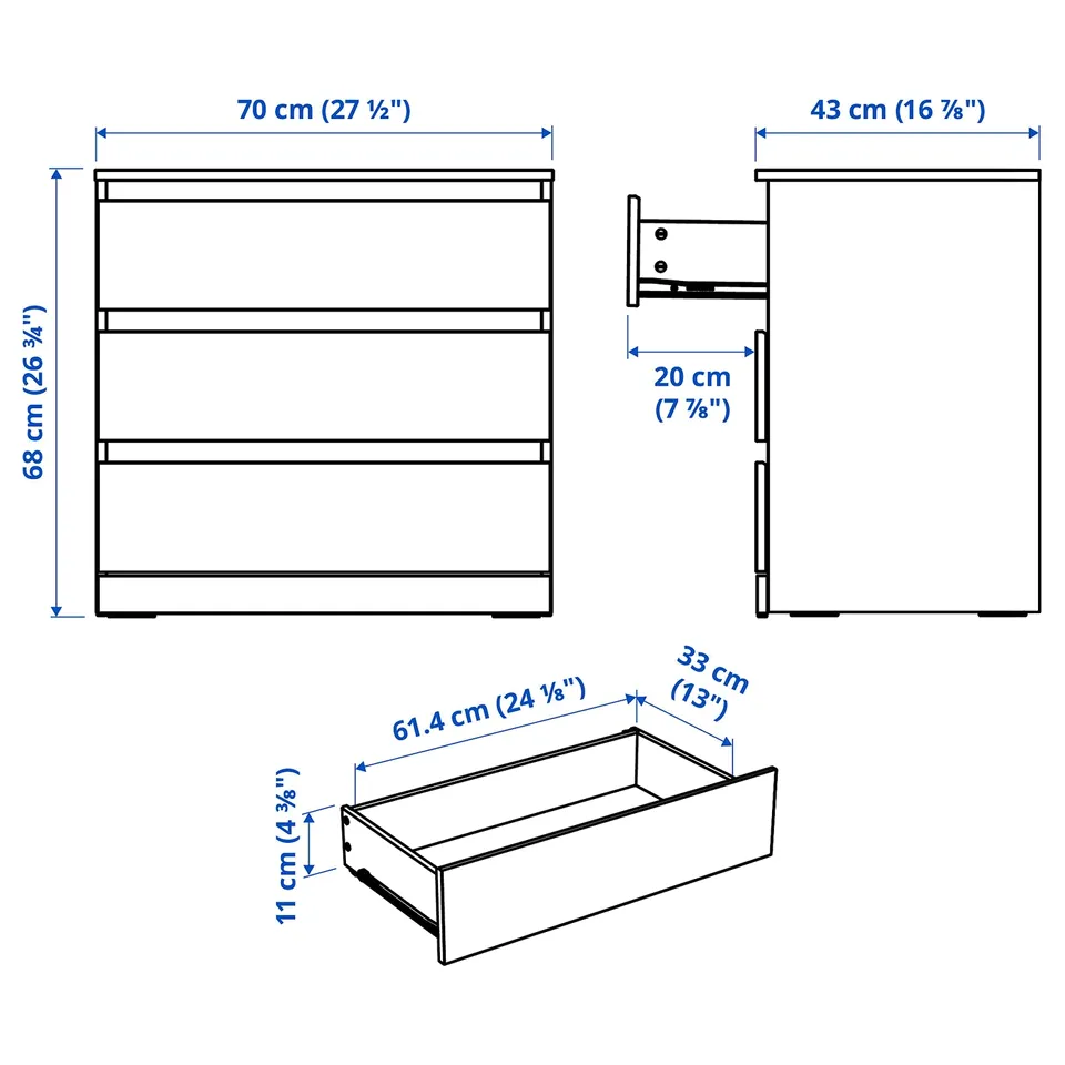 LILLBERGET Chest of 3 drawers, white, 70x43x68 cm