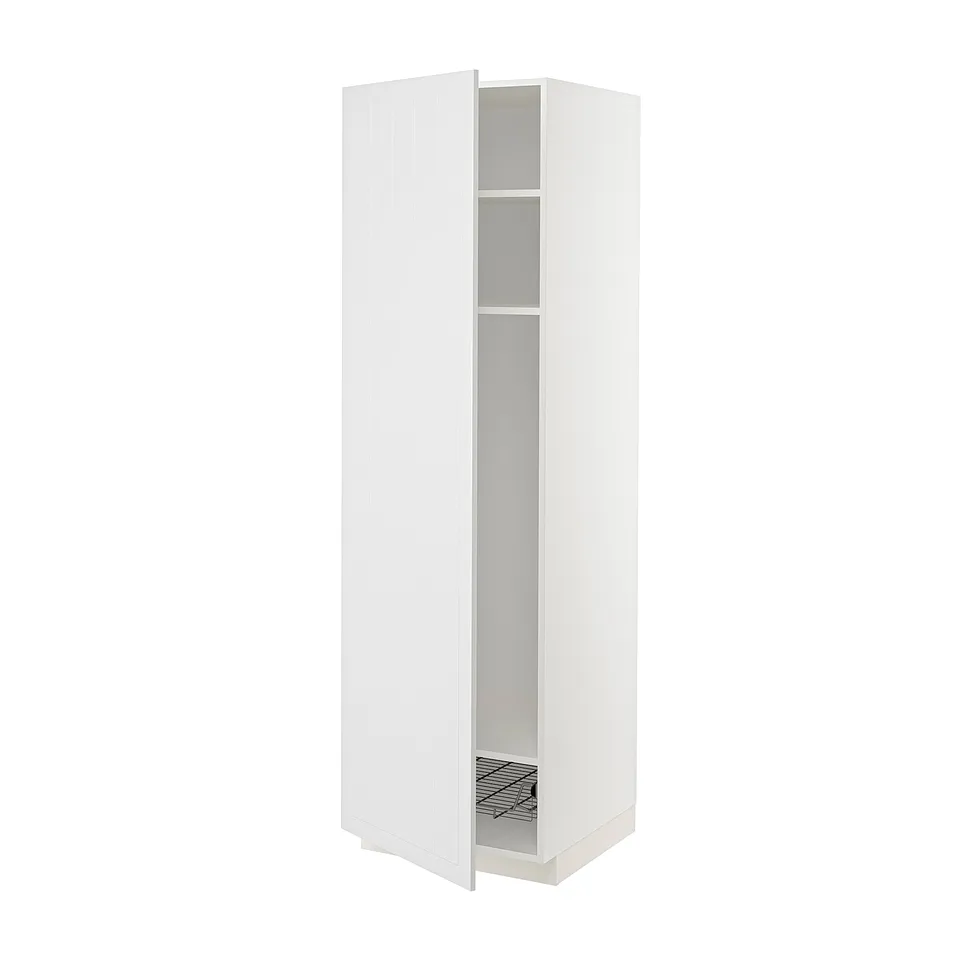 White METOD kitchen cabinet, slim, rectangular with one shelf and a wire basket.