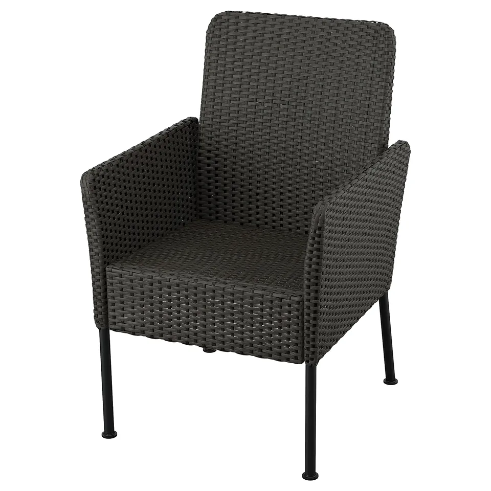 VITTSKÄR grey wicker patio chair with metal legs, square back and seat, durable outdoor furniture.