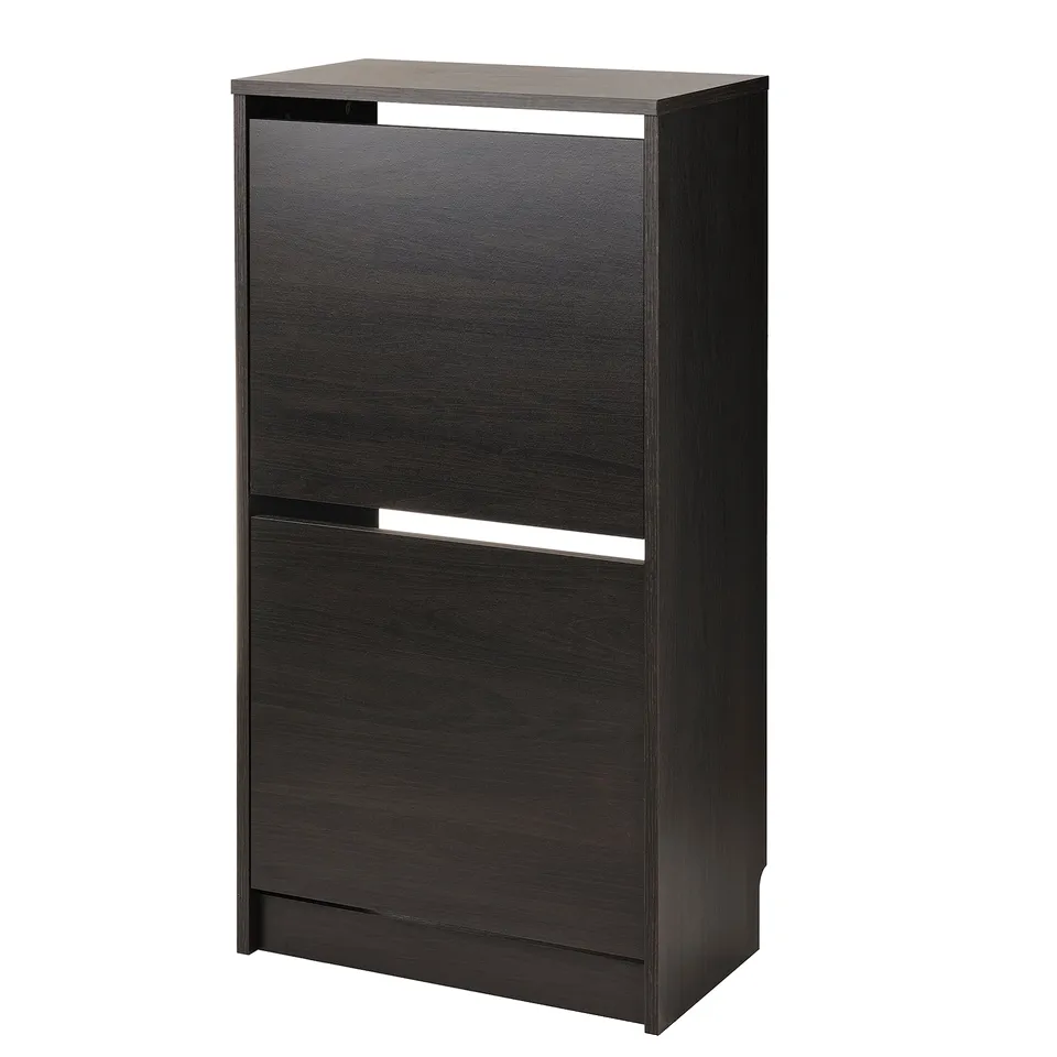 Black BISSA shoe cabinet; rectangular, two-door design; dark wood effect.