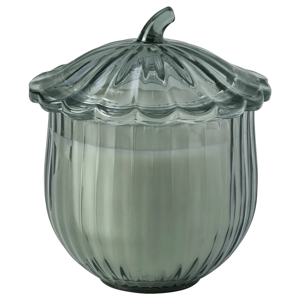 SNÖSISKA Scented candle in glass with lid, Cinnamon and warm wood dark grey-green, 40 hr